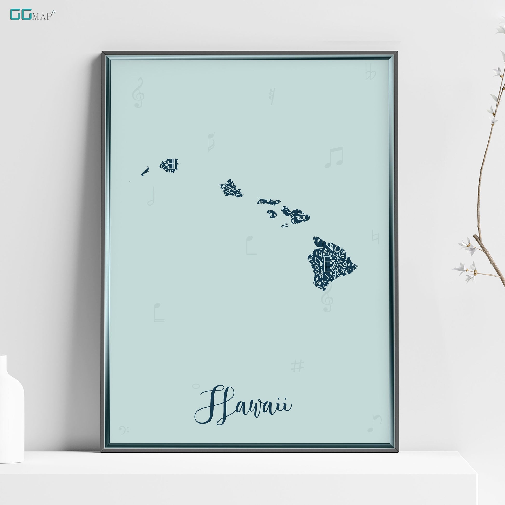 a picture of a map of hawaii on a shelf