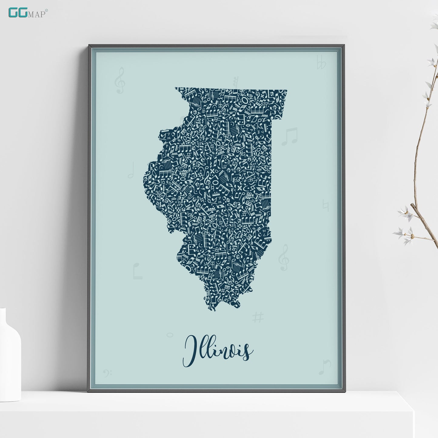 a blue poster with the name and map of the state of illinois