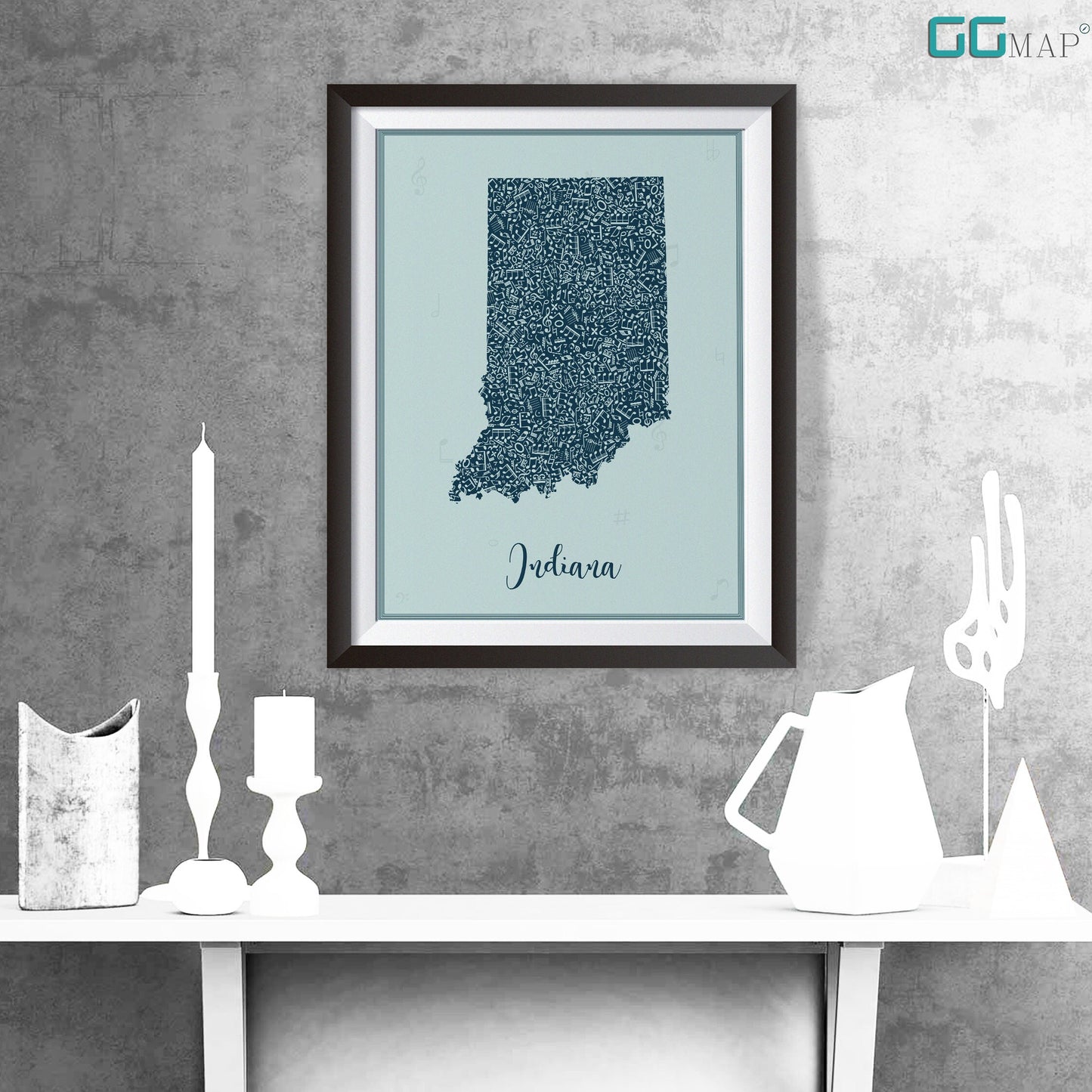 INDIANA map - IndianaMusic Blue map - Travel poster - Home Decor - Wall decor - Office map - Indiana gift - GGmap - Indiana poster