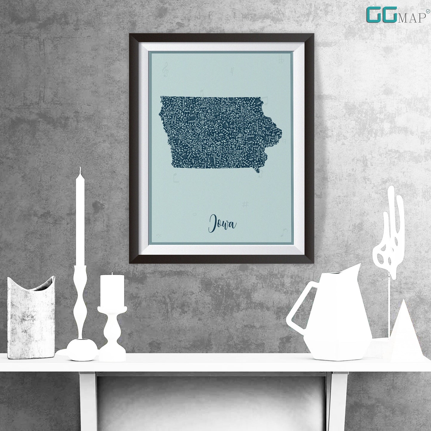 IOWA map - Iowa Music Blue map - Travel poster - Home Decor - Wall decor - Office map - Iowa gift - GGmap - Iowa poster