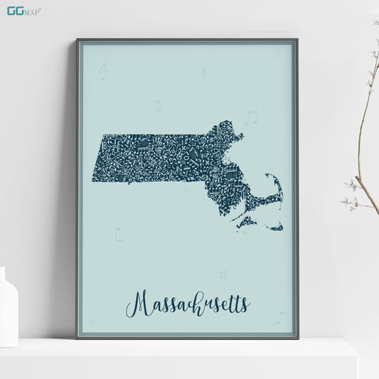 a blue poster with the word massachusetts on it