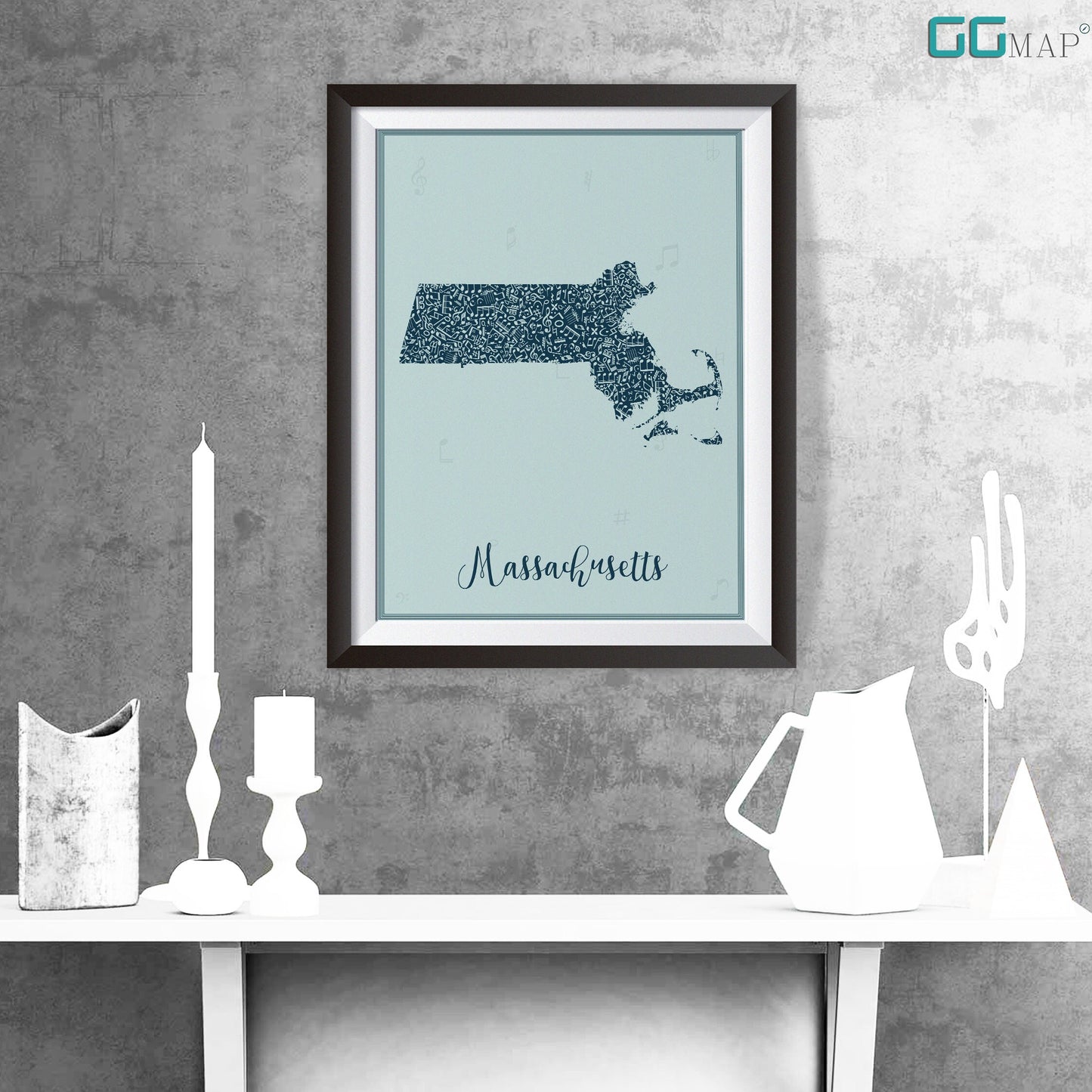 MASSACHUSETT map - Massachusetts Music Blue map - Travel poster - Home Decor - Wall decor - Office map - Massachusetts gift - GGmap