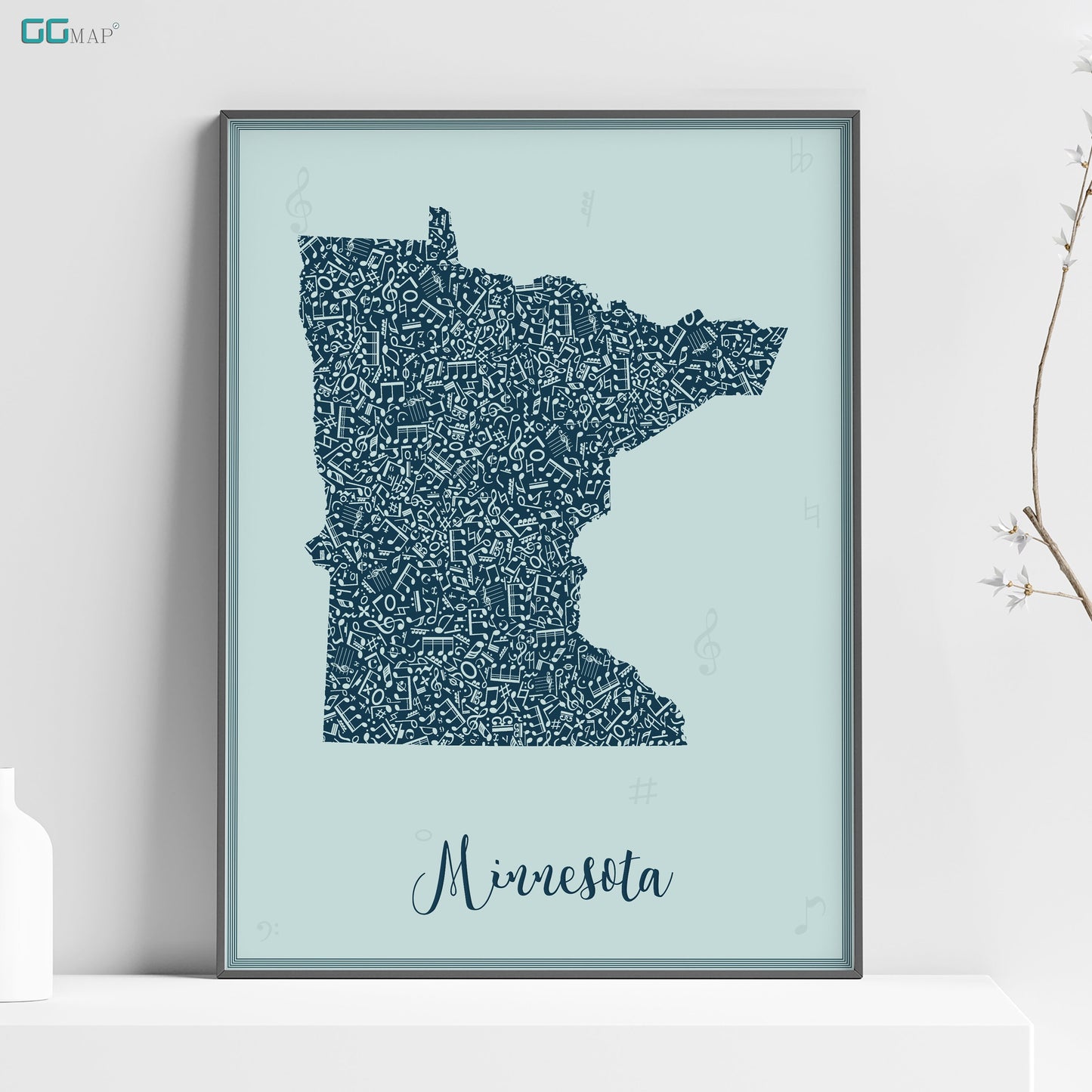 a blue framed map of minnesota on a shelf