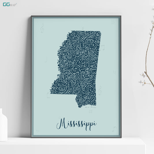 a blue framed map of mississippi on a shelf