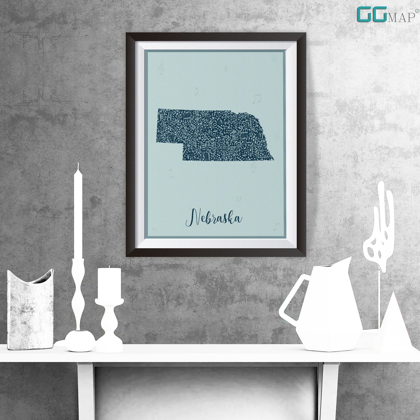 NEBRASKA  map - Nebraska  Music Blue map - Travel poster - Home Decor - Wall decor - Office map - Nebraska gift - GGmap - Nebraska poster