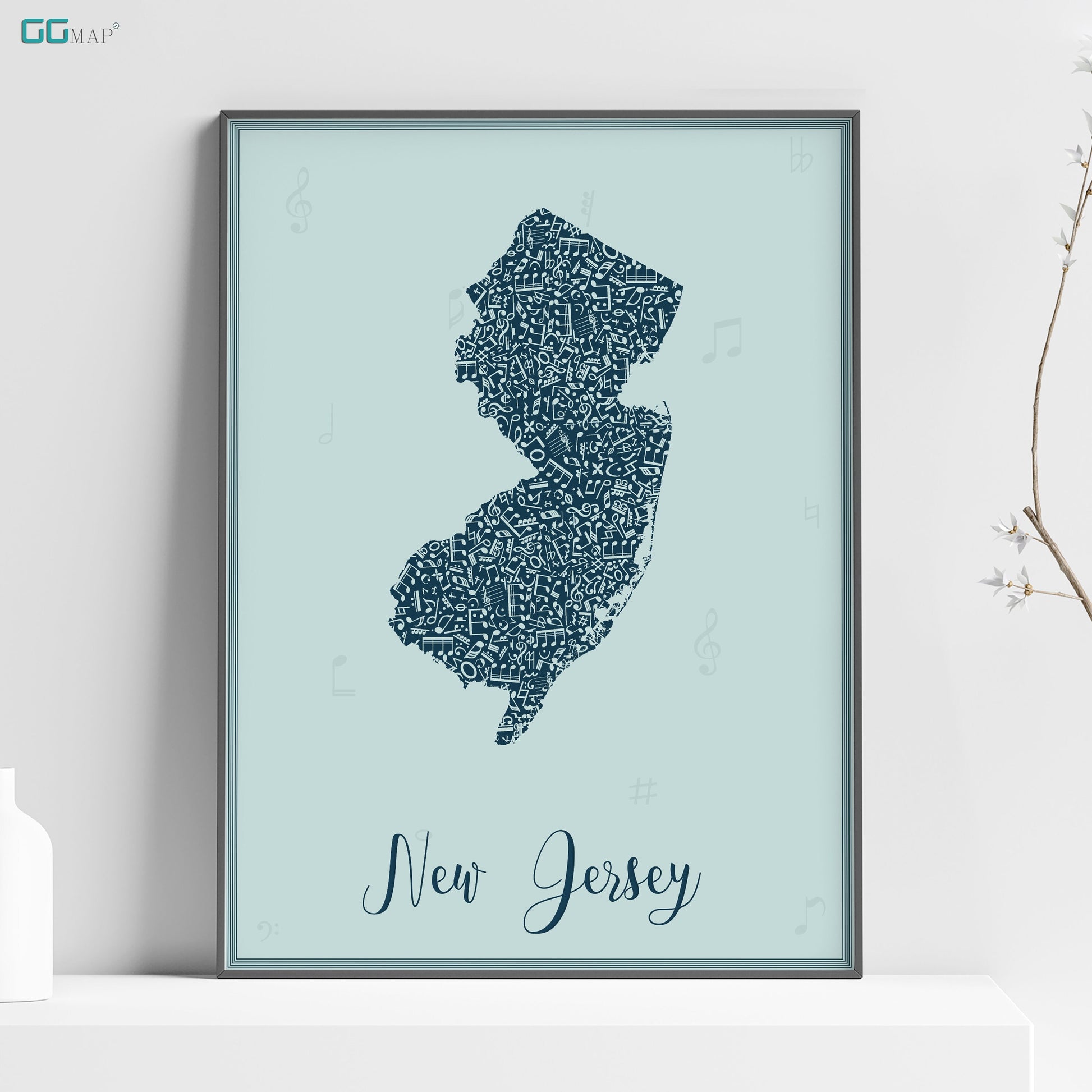 a blue poster with a map of new jersey