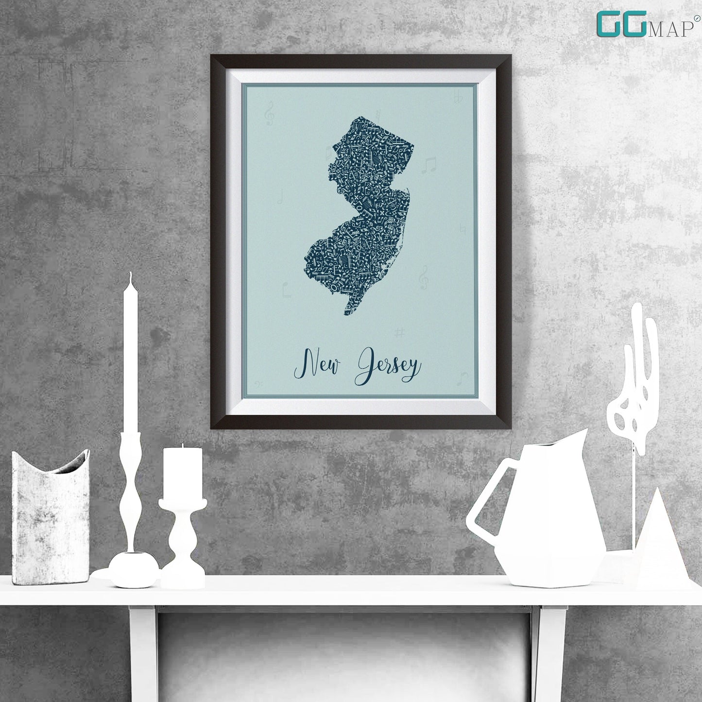 NEW JERSEY map - New Jersey Music Blue map - Travel poster - Home Decor - Wall decor - Office map - New Jersey gift - GGmap - New Jersey