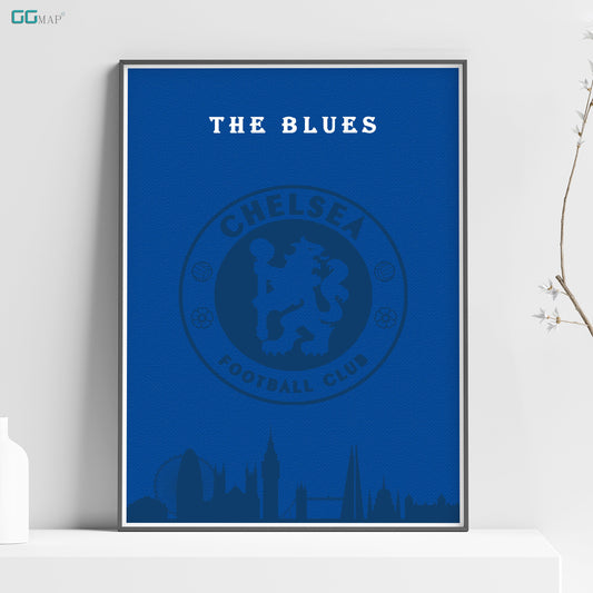 a blue poster with the words chelsea on it