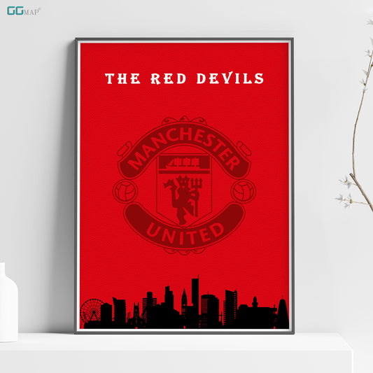 a poster of the manchester united team on a shelf