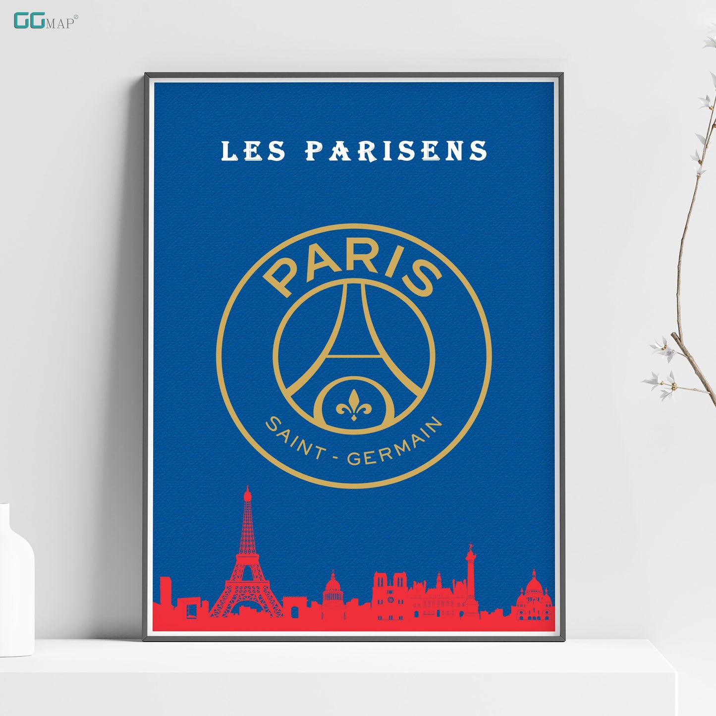 a poster of a paris basketball team on a shelf