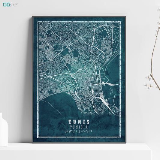 City map of TUNIS - Home Decor - Wall decor - Office map - Travel map - Frozen blue map - Tunis map - Map art - Tunisia