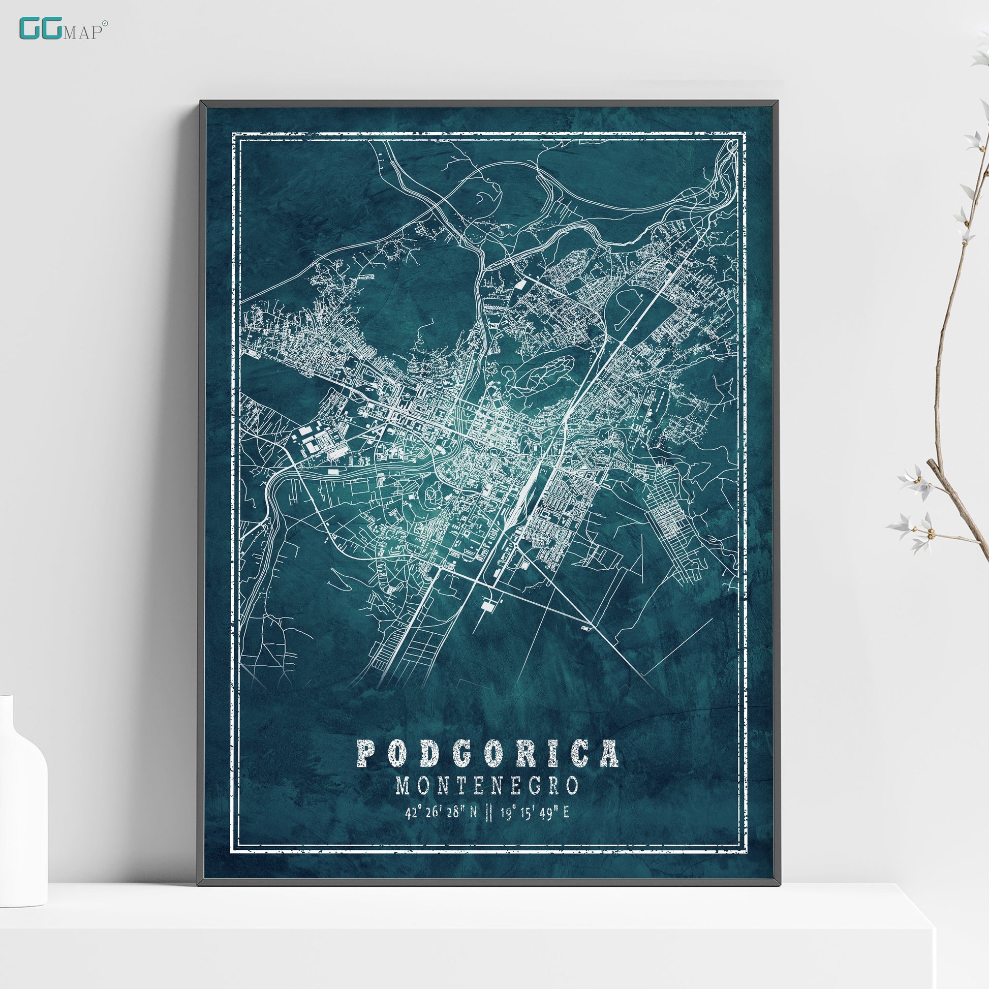 a poster of a city map on a shelf