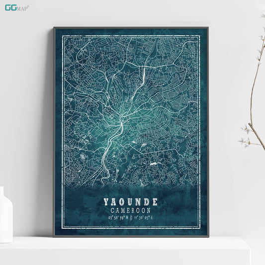 City map of YAOUNDE  - Home Decor - Wall decor - Office map - Travel map - Frozen blue map - Yaounde map - Map art - Cameroon