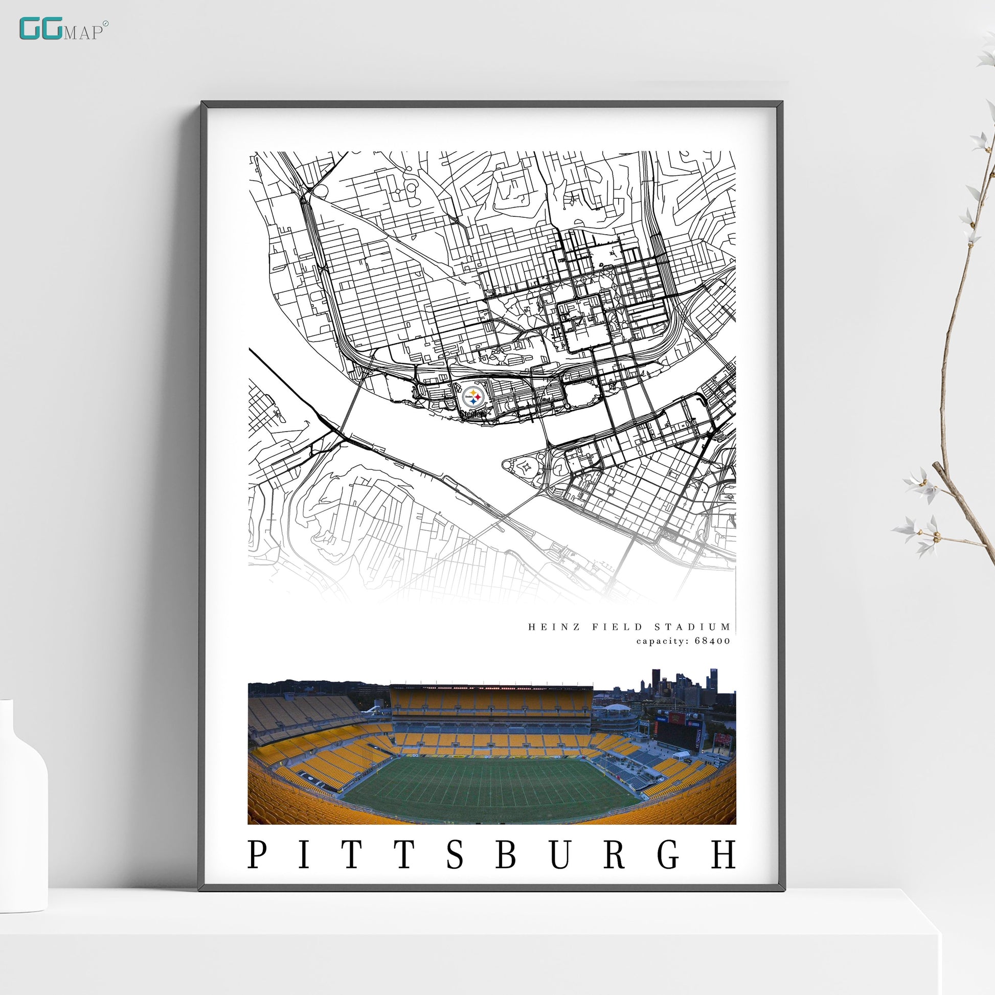 a poster of a baseball stadium with a map of pittsburgh