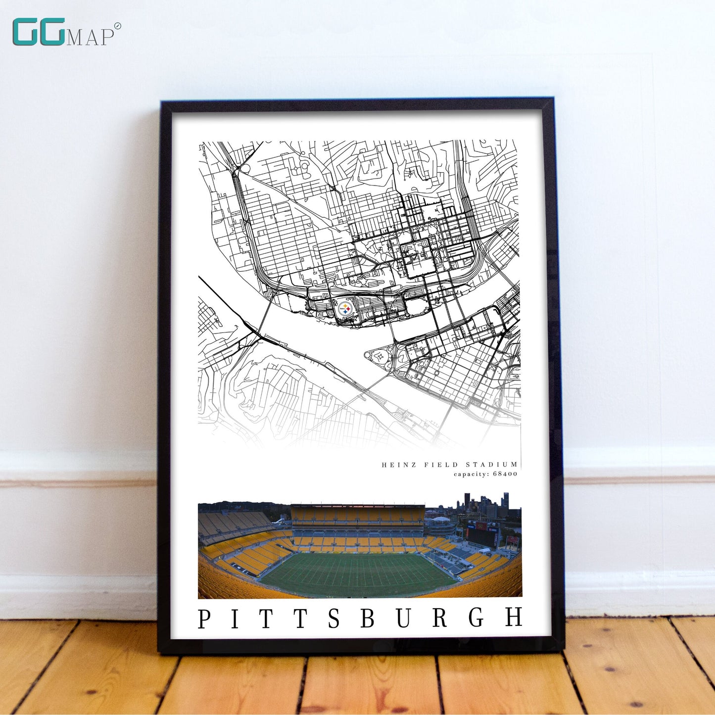 City map of PITTSBURGH -  Heinz Field Stadium - Home Decor Pittsburgh - Pittsburgh decor - Pittsburgh Steelers poster - Print map -