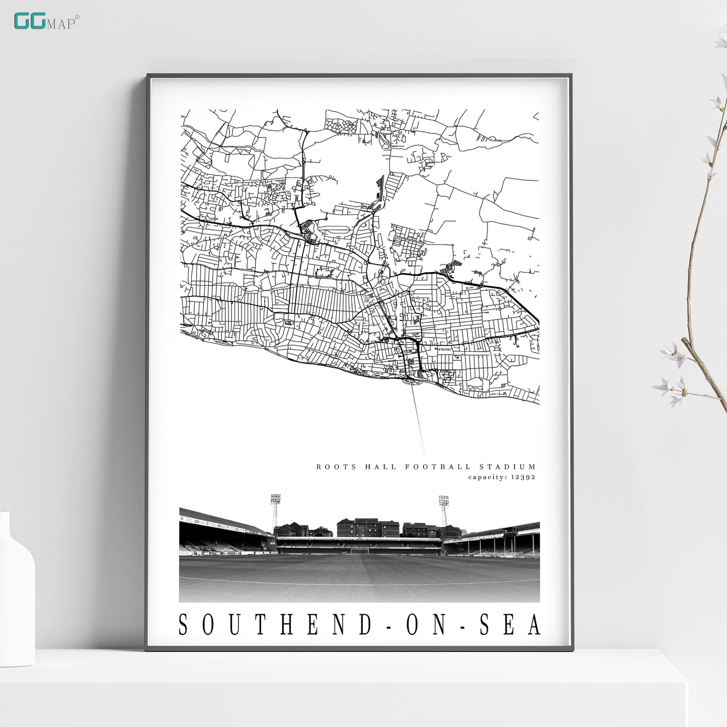 City map of SOUTHEND-ON-SEA -  Roots Hall Football Stadium - Home Decor  Roots Hall - Wall decor -  Southend United stadium - Print map