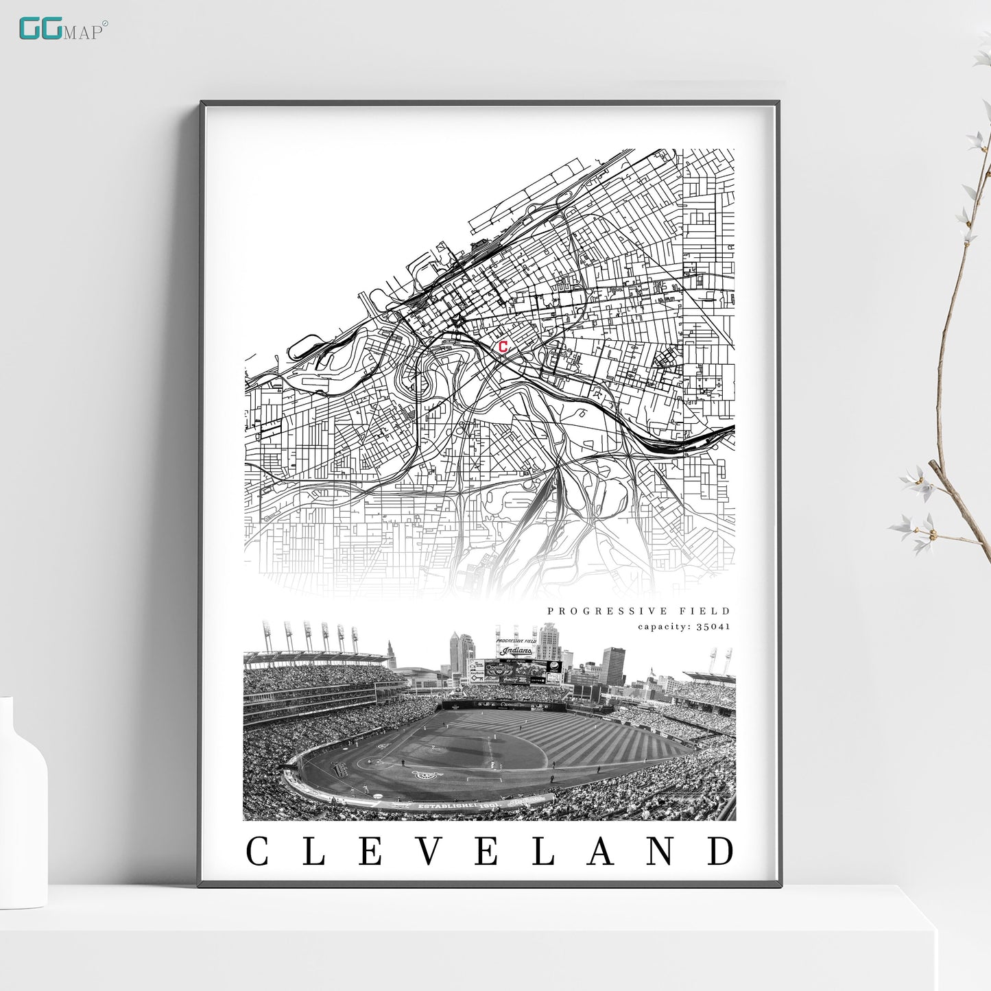 City map of CLEVELAND - Progressive Field - Home Decor Cleveland -Progressive Field wall decor - Print map - Cleveland Indians