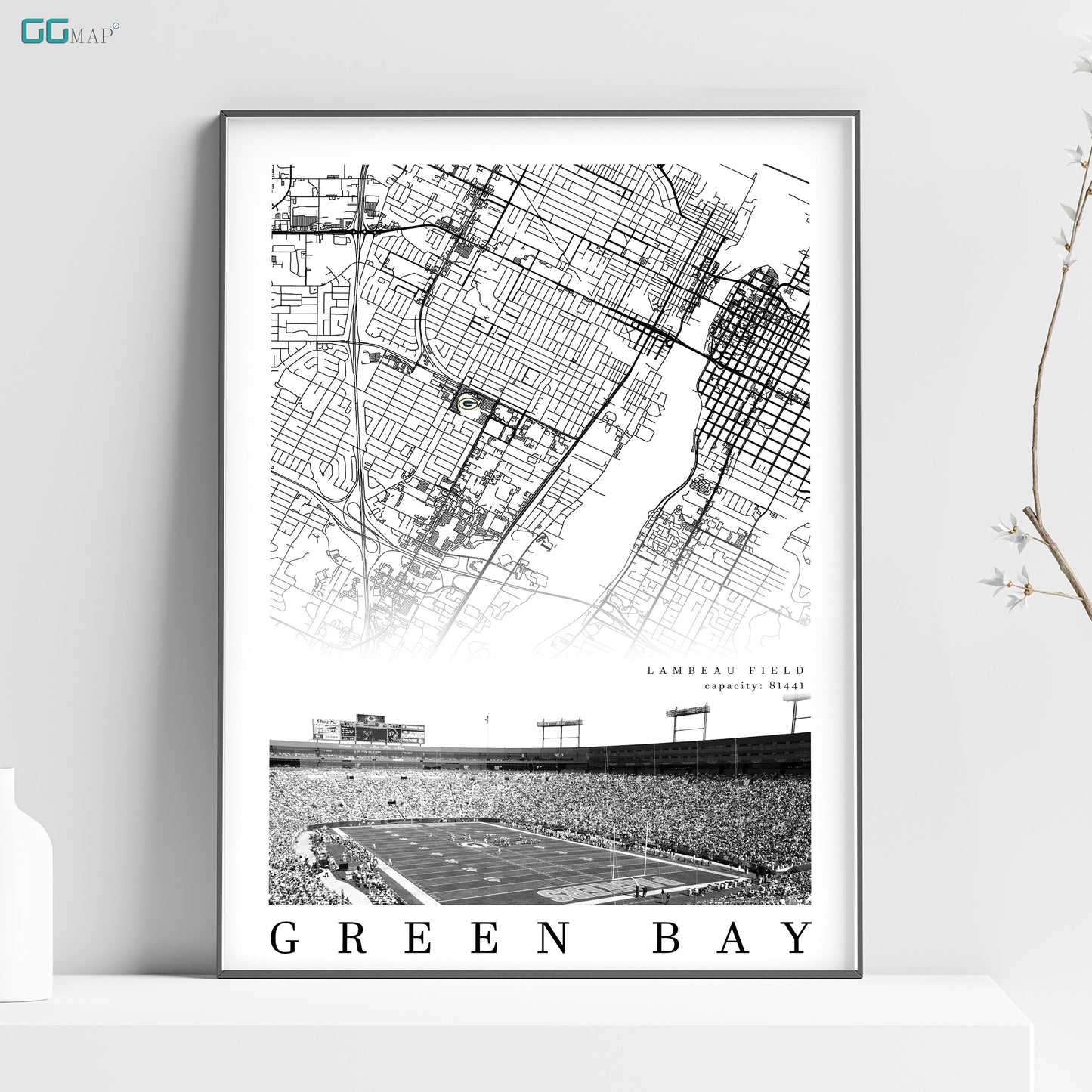 City map of GREEN BAY - Lambeau Field - Home Decor Green Bay - Lambeau Field wall decor - Green Bay Packers - Print map -