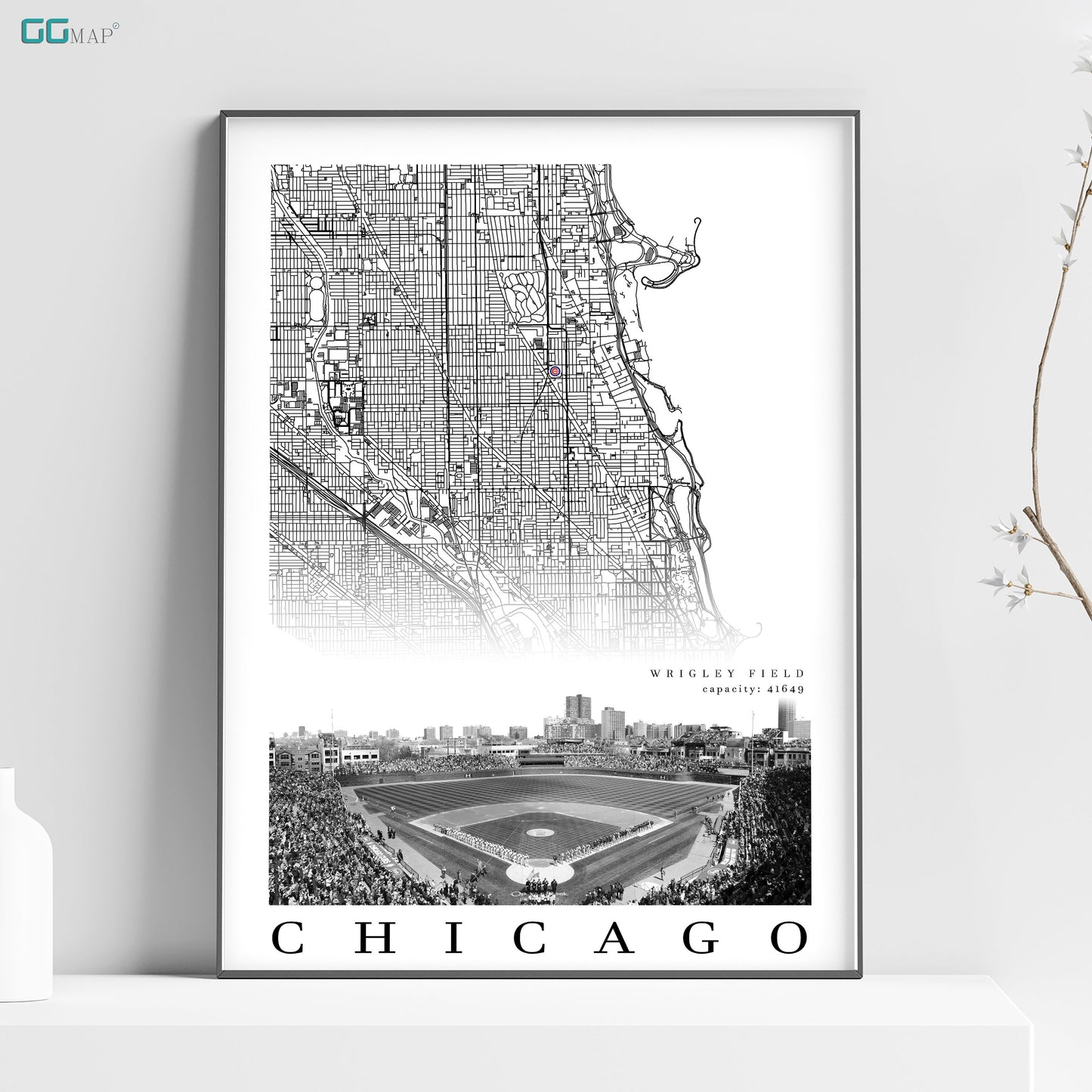 City map of CHICAGO - Home Decor Chicago - Wrigley Field wall decor - Chicago poster - Chicago Cubs - Print map