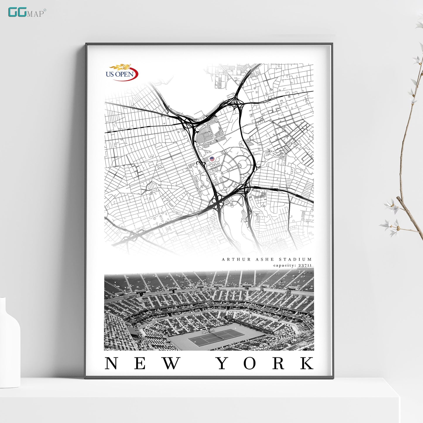 City map of NEW YORK - Arthur Ashe Stadium - Home Decor US open - Wall decor Arthur Ashe Stadium - Arthur Ashe Stadium gift - Print map