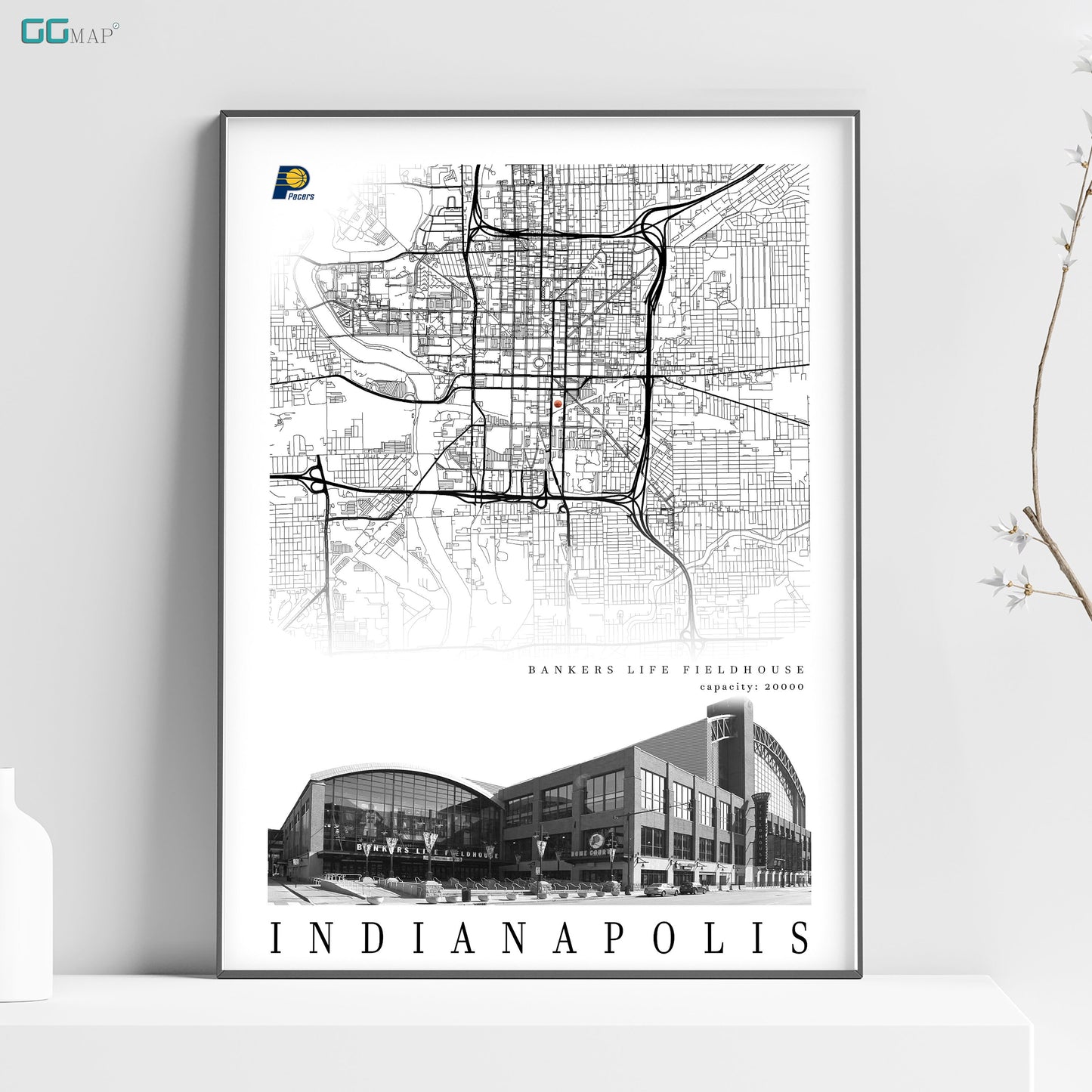 City map of INDIANAPOLIS - Bankers Life Fieldhouse - Home Decor Indianapolis - Bankers Life Fieldhouse gift - Indianapolis poster -Print map