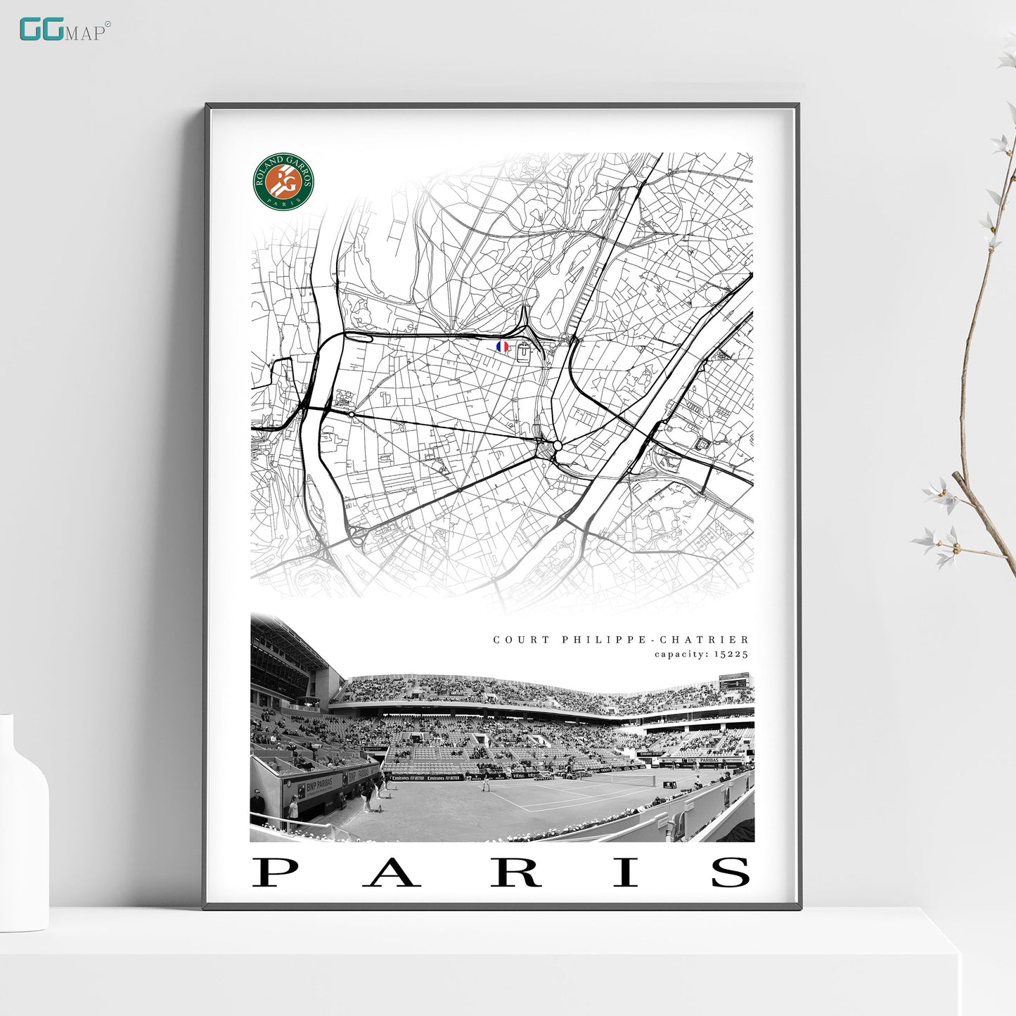 City map of PARIS - Court Philippe Chatrier - Home Decor Roland Garros - Wall decor Court Philippe Chatrier - Print map