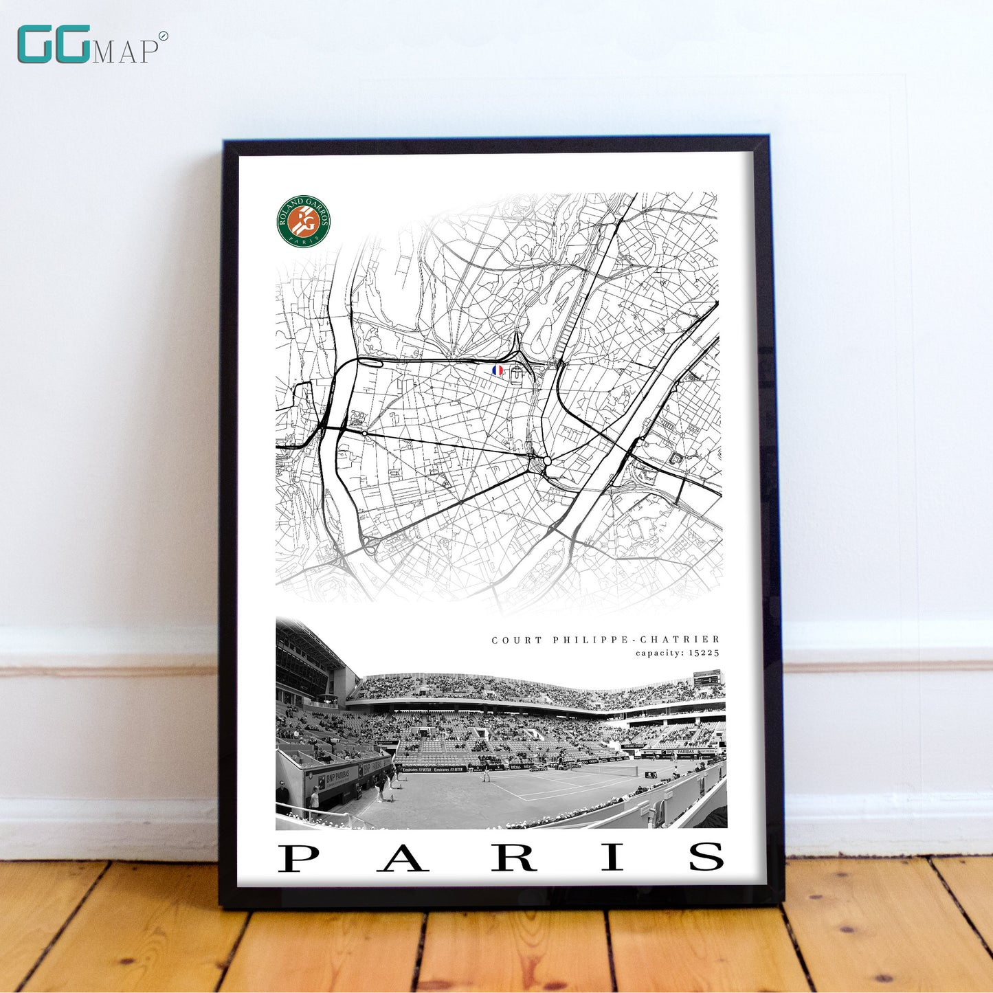 City map of PARIS - Court Philippe Chatrier - Home Decor Roland Garros - Wall decor Court Philippe Chatrier - Print map