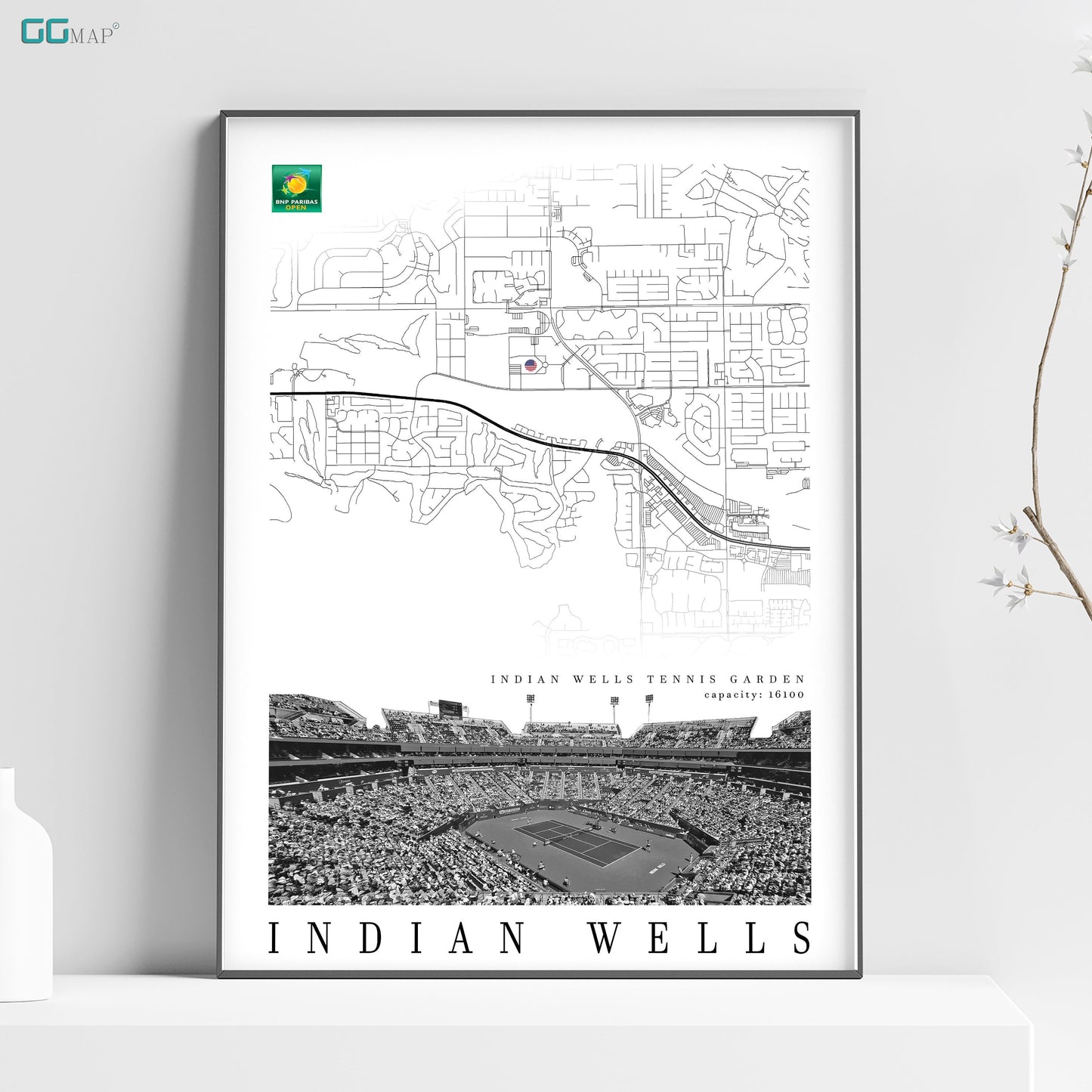 City map of INDIAN WELLS - Tennis Garden - Home Decor Indian Wells Masters - Wall decor Indian Wells Masters - Tennis Garden map - Print map