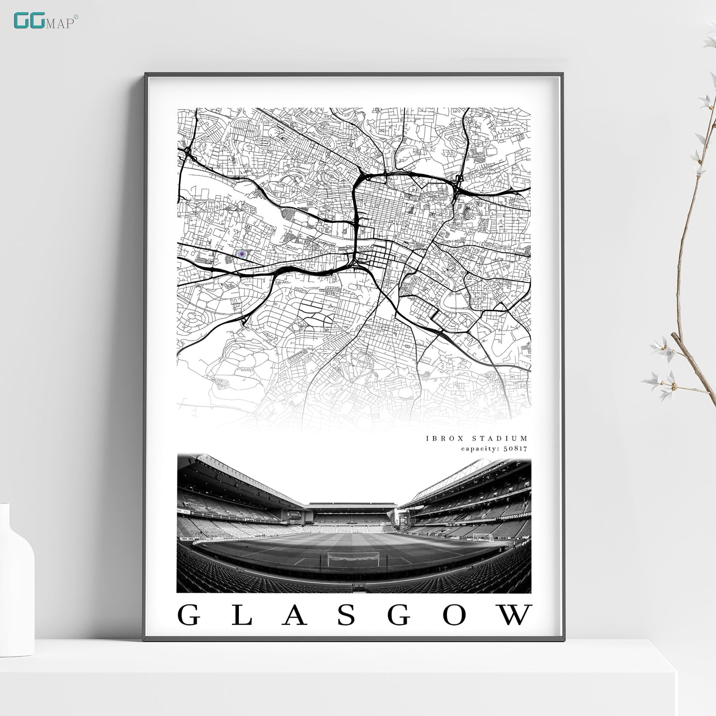 City map of GLASGOW - Ibrox Stadium - Home Decor Ibrox Stadium - Ibrox Stadium gift - Ibrox Stadium wall decor - Print map