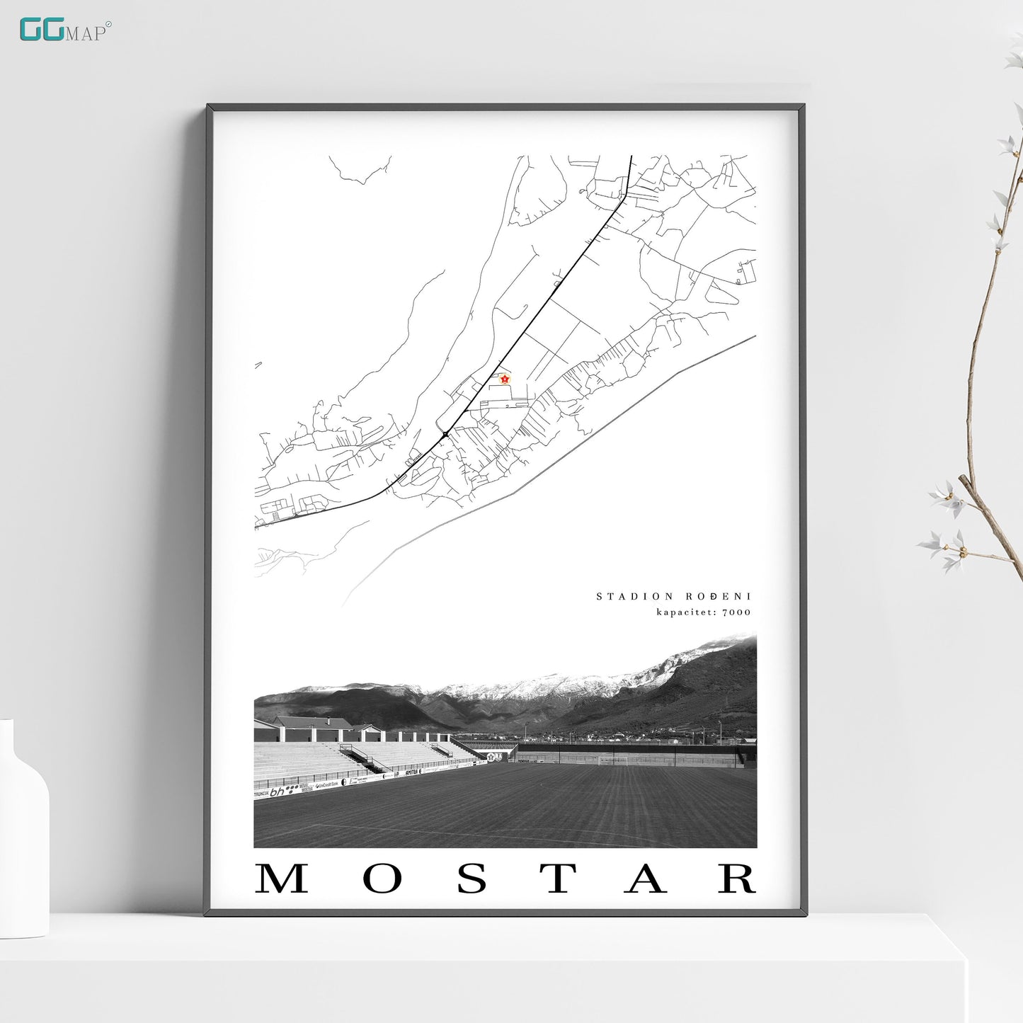 City map of MOSTAR - Stadium Roeni - Home Decor Mostar - Stadium Roeni wall decor - Mostar stadium - Stadium Roeni gift - Print map