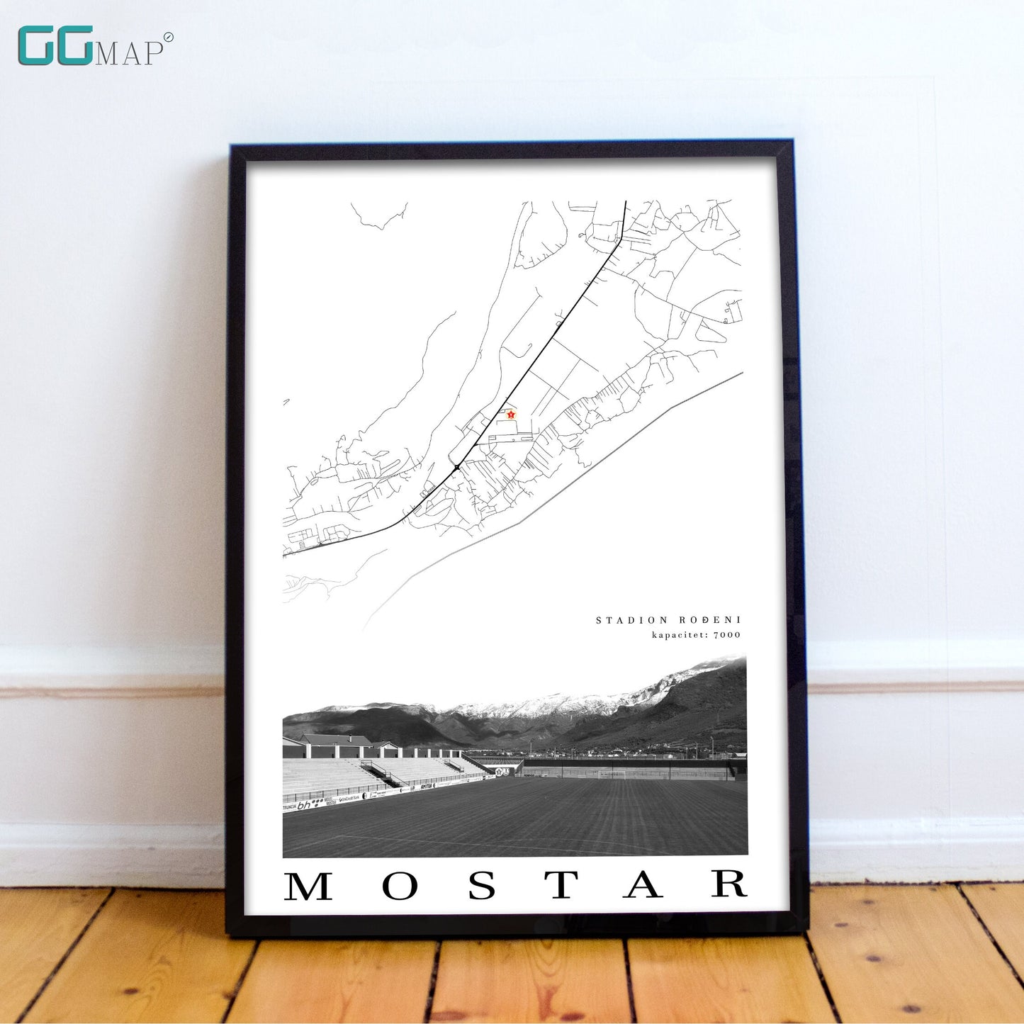 City map of MOSTAR - Stadium Roeni - Home Decor Mostar - Stadium Roeni wall decor - Mostar stadium - Stadium Roeni gift - Print map