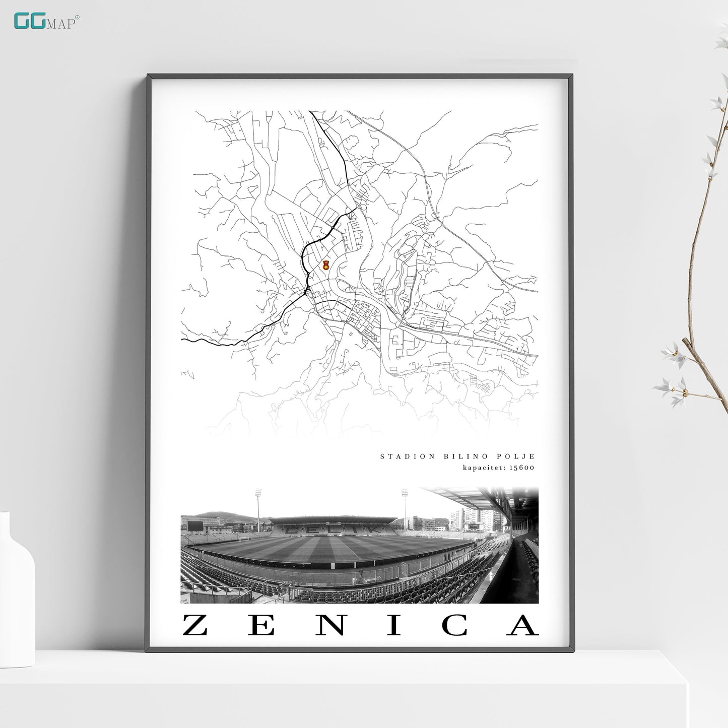 City map of ZENICA - Bilino polje - Home Decor Zenica - Bilino polje wall decor - Zenica stadium - Zenica gift - Print map