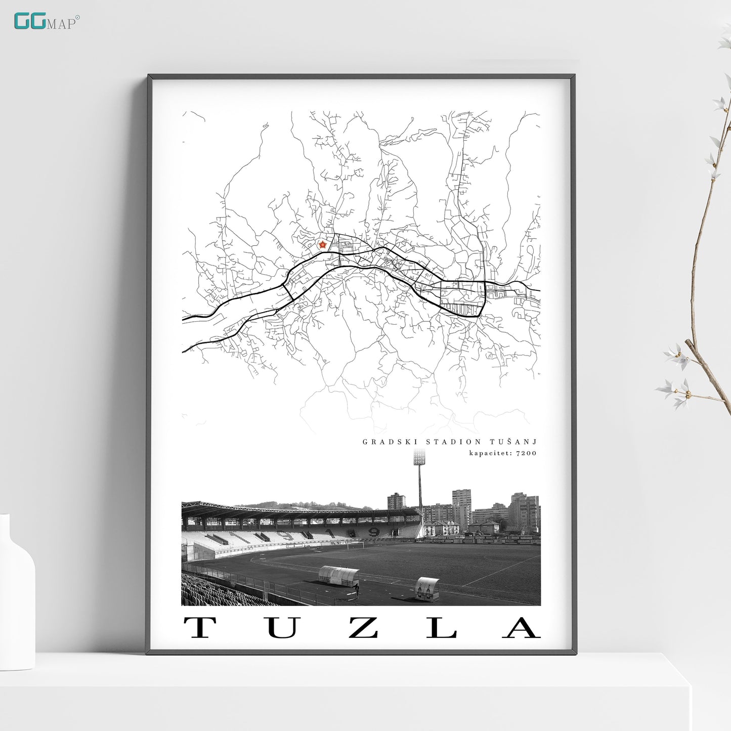 City map of TUZLA - City Stadium Tušanj - Home Decor Tuzla - Tuzla wall decor - Sloboda Tuzla stadium - Stadium Tušanj gift - Print map