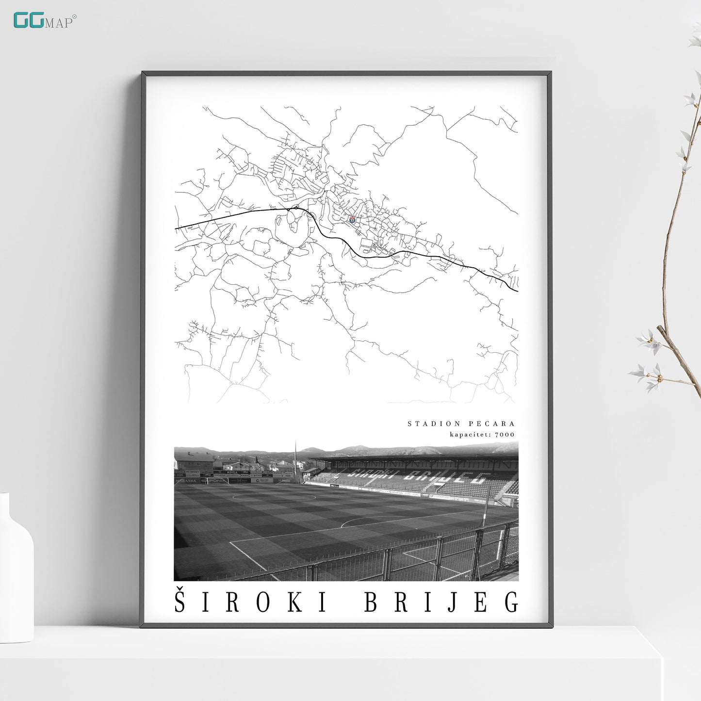 City map of ŠIROKI BRIJEG - Stadium Pecara - Home Decor Široki Brijeg - Siroki Brijeg stadium - Siroki Brijeg gift - Print map