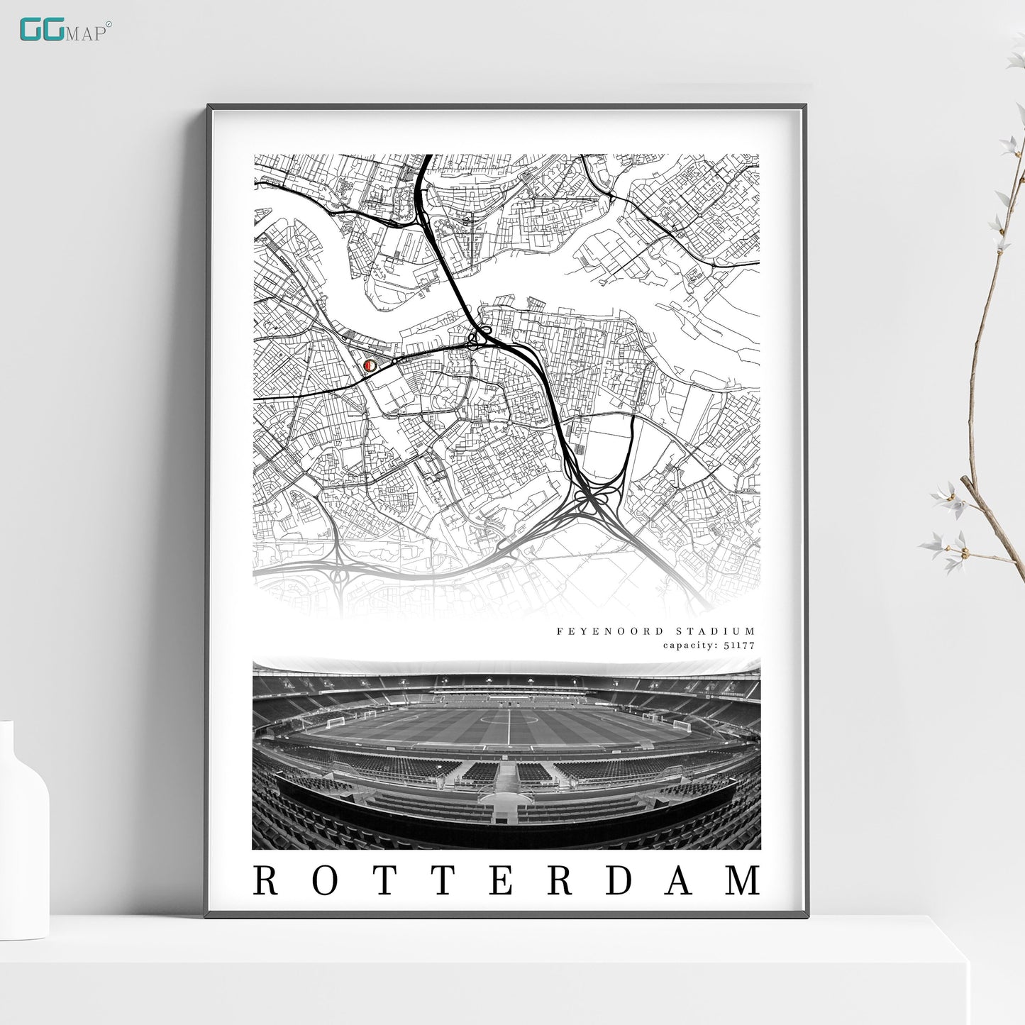 City map of ROTTERDAM - Feyenoord stadium - Home Decor Feyenoord stadium - Wall decor Rotterdam - Feyenoord stadium gift - Print map