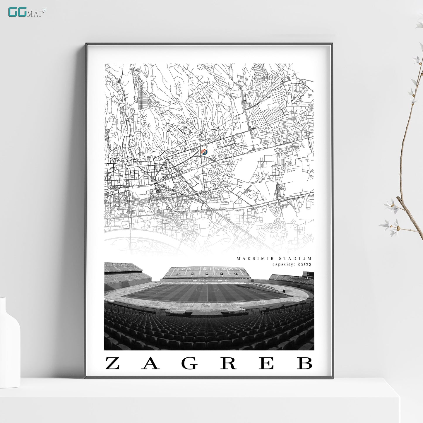 City map of ZAGREB - Stadium Maksimir - Home Decor Stadium Maksimir - Wall decor Stadium Maksimir - Stadium Maksimir gift - Print map