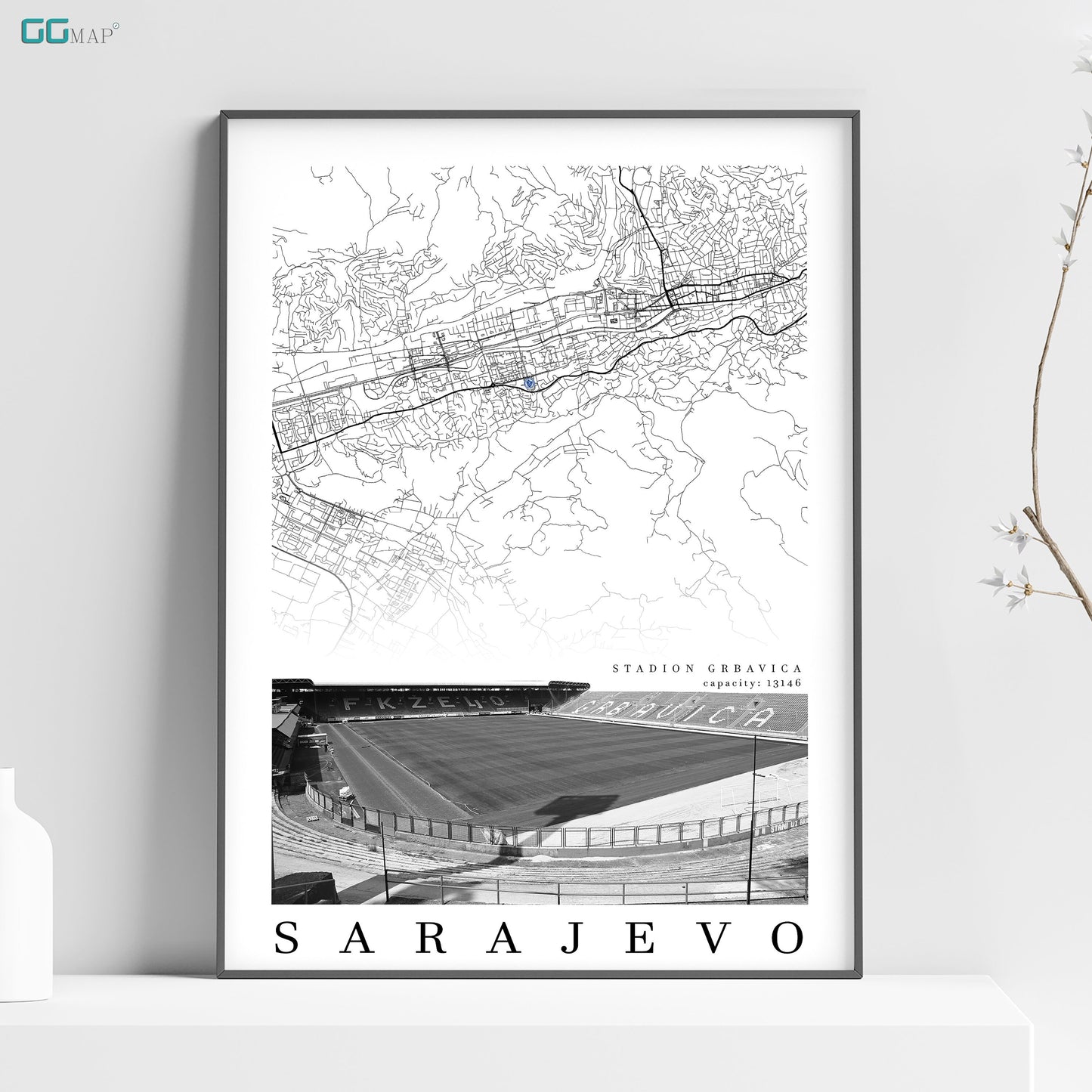 City map of SARAJEVO - Stadion Grbavica - Home Decor Stadium Grbavica - Wall decor Stadium Grbavica - Stadium Grbavica gift - Print map