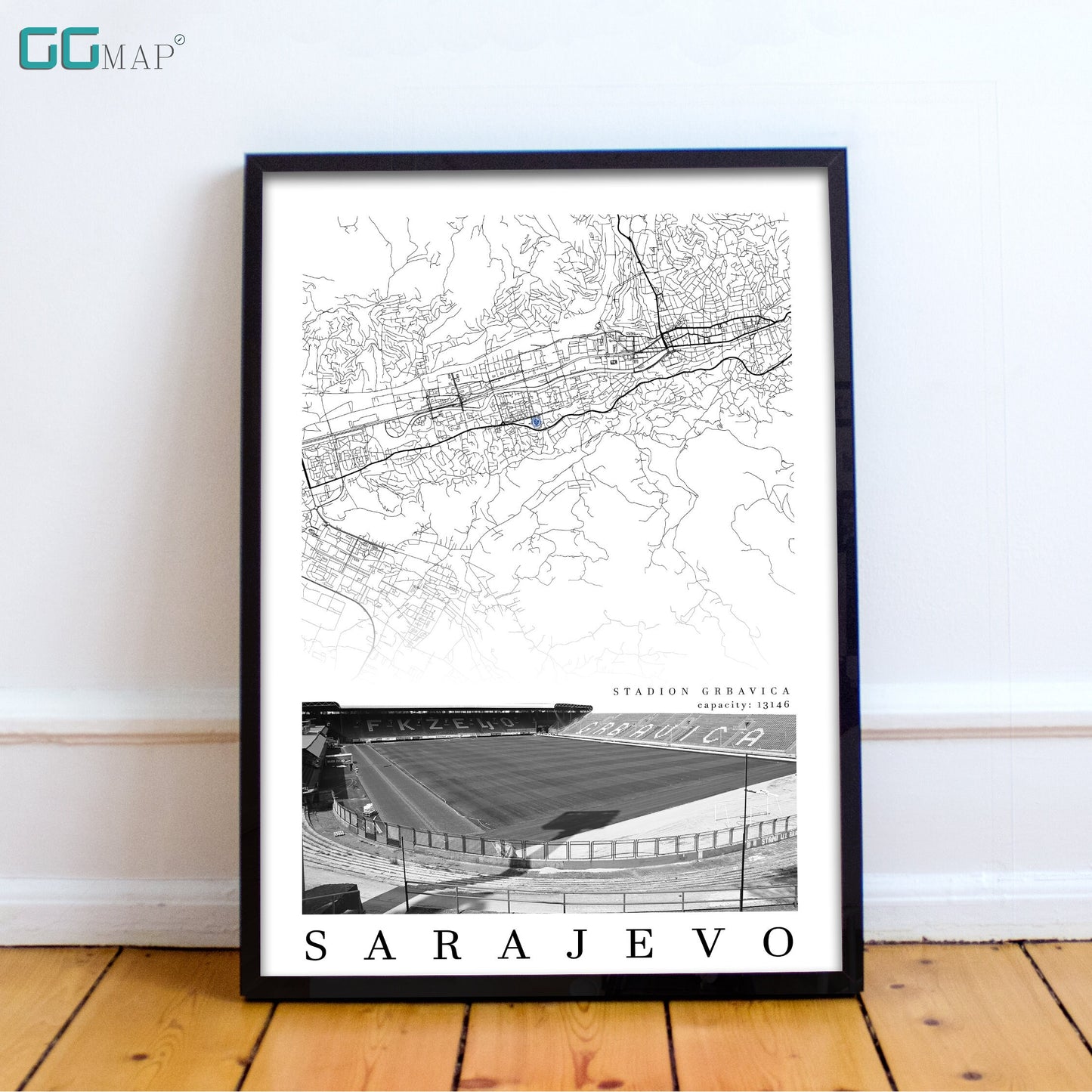 City map of SARAJEVO - Stadion Grbavica - Home Decor Stadium Grbavica - Wall decor Stadium Grbavica - Stadium Grbavica gift - Print map