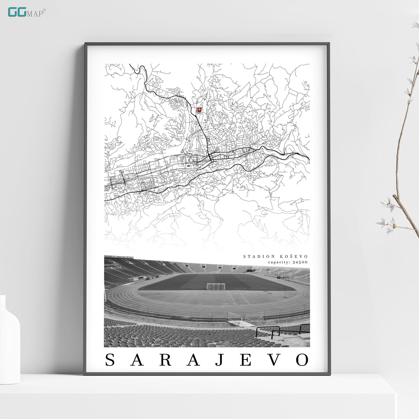 City map of SARAJEVO - Stadion Koševo - Home Decor Stadium Koševo - Wall decor Stadium Koševo - Stadium Koševo gift - Print map