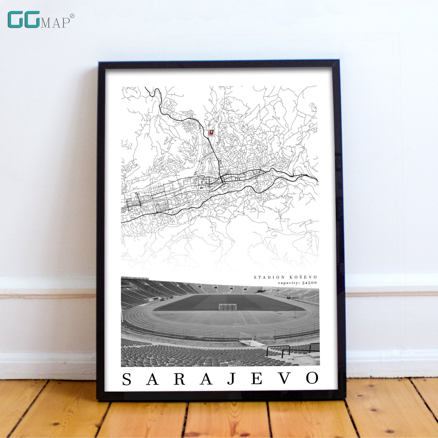 City map of SARAJEVO - Stadion Koševo - Home Decor Stadium Koševo - Wall decor Stadium Koševo - Stadium Koševo gift - Print map