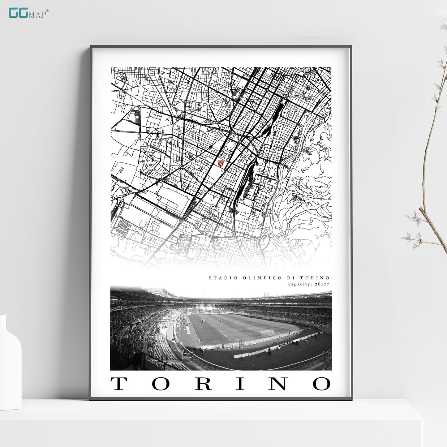 City map of Citt di Torino - TORINO FC - Stadio Olimpico di Torino - Home Decor Torino - Stadio Olimpico gift - Torino map -