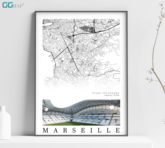 City map of MARSEILLE Stadium- Stade Vlodrome - Home Decor Stade Vlodrome - Wall decor Stade Vlodrome - Stade Vlodrome gift - Print map