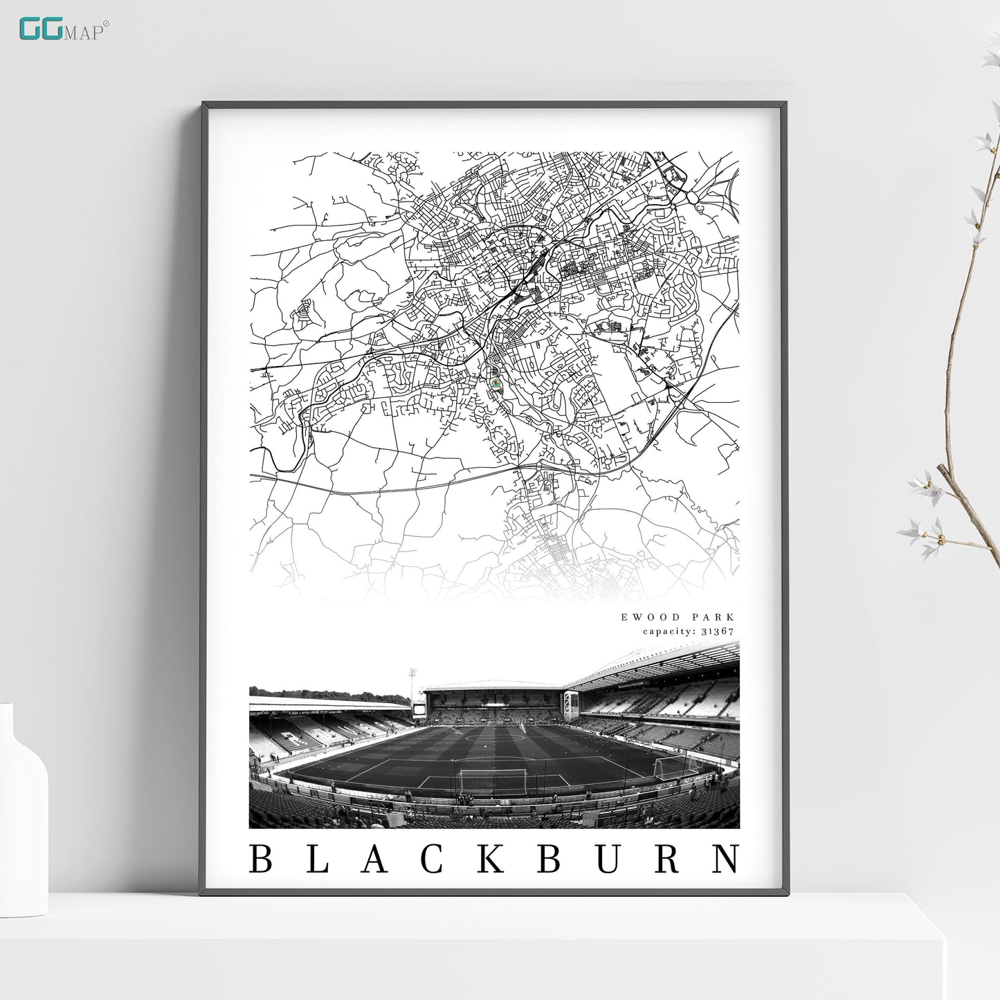 City map of BLACKBURN - Ewood Park - Home Decor Ewood Park - Wall decor - Ewood Park gift - Print map - Blackburn Rovers Stadium