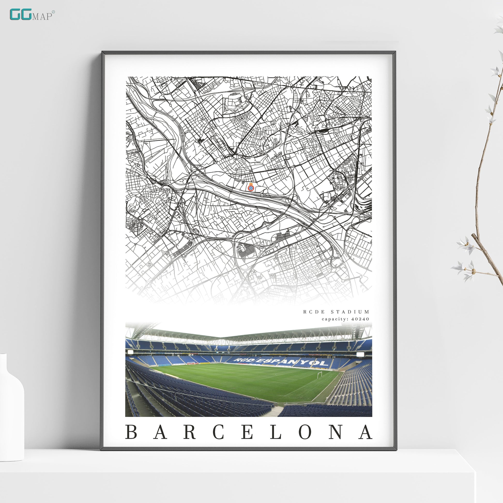 a framed map of barcelona with the name barcelona on it