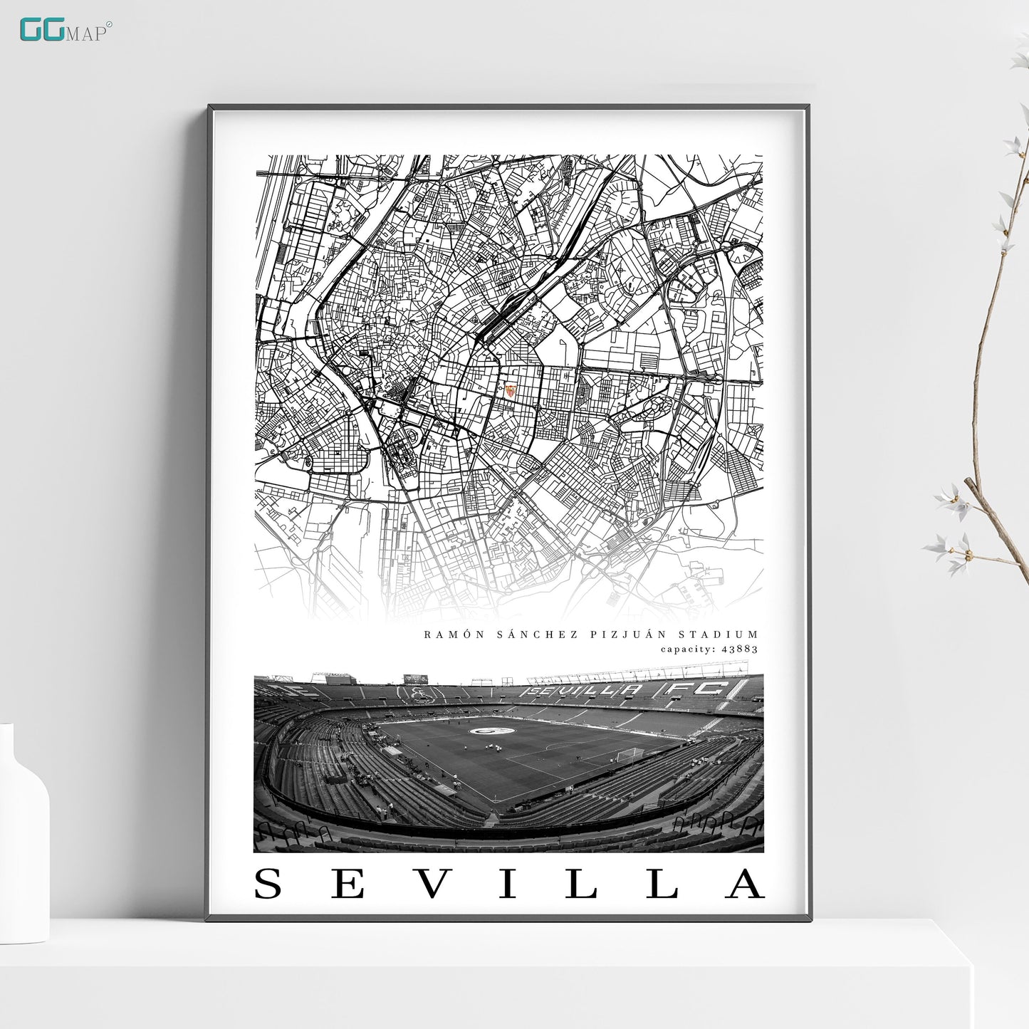 City map of SEVILLA - Ramón Sánchez Pizjuán - Home Decor Ramón Sánchez Pizjuán - San Mamés - Sevilla gift - Print map - GG Map