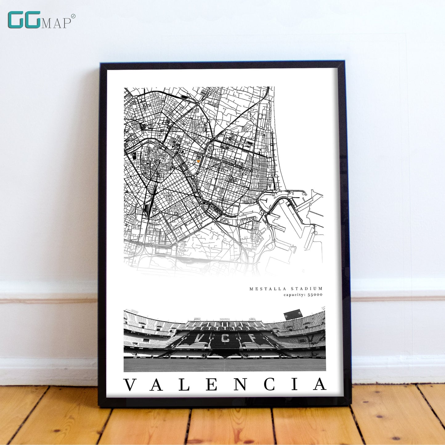 City map of VALENCIA - Mestalla Stadium - Home Decor Mestalla - Wall decor - Estadio Mestalla - Valencia gift - Print map - GG Map