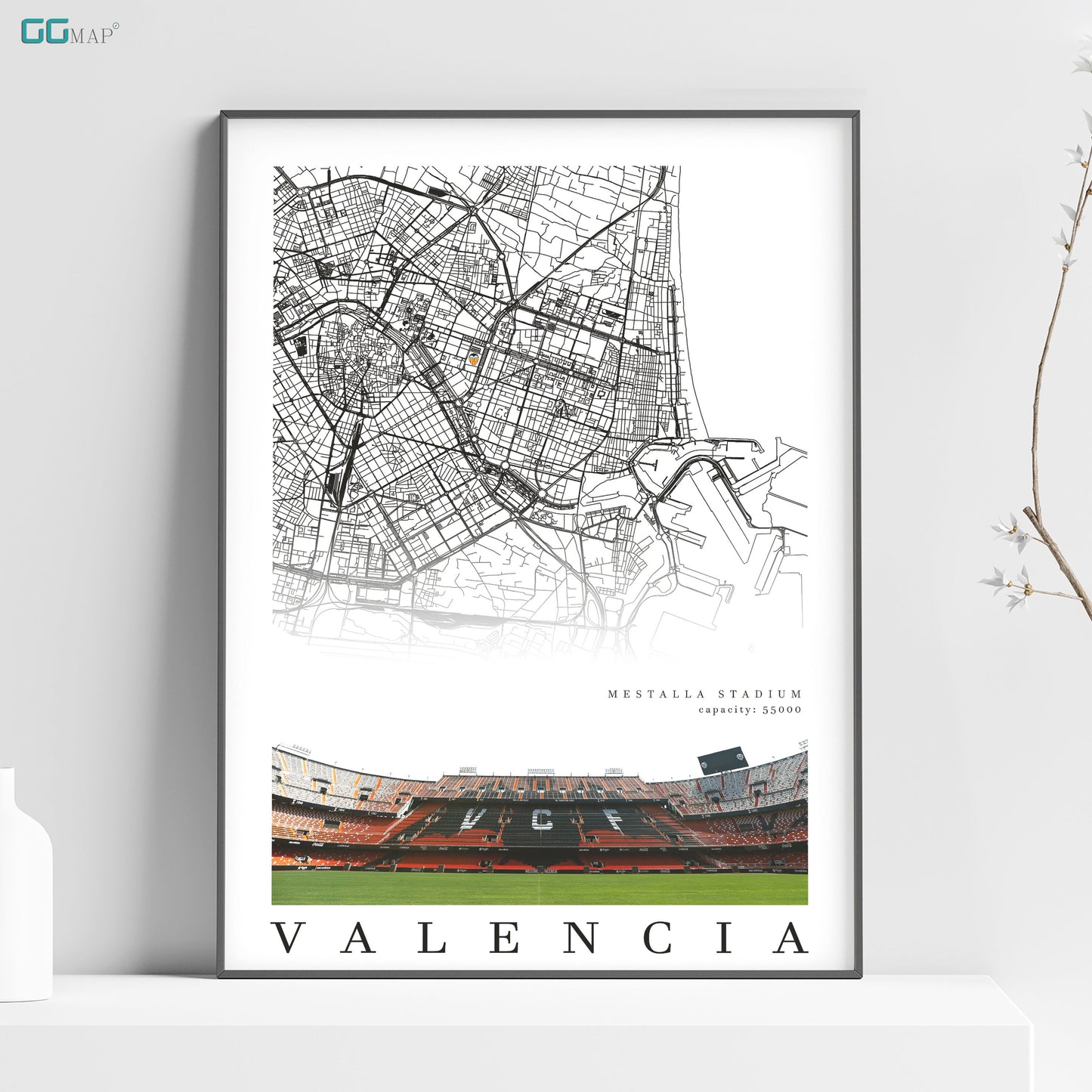 a white poster with a map of the city of valencia