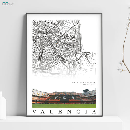 City map of VALENCIA - Mestalla Stadium - Home Decor Mestalla - Wall decor - Estadio Mestalla - Valencia gift - Print map - GG Map