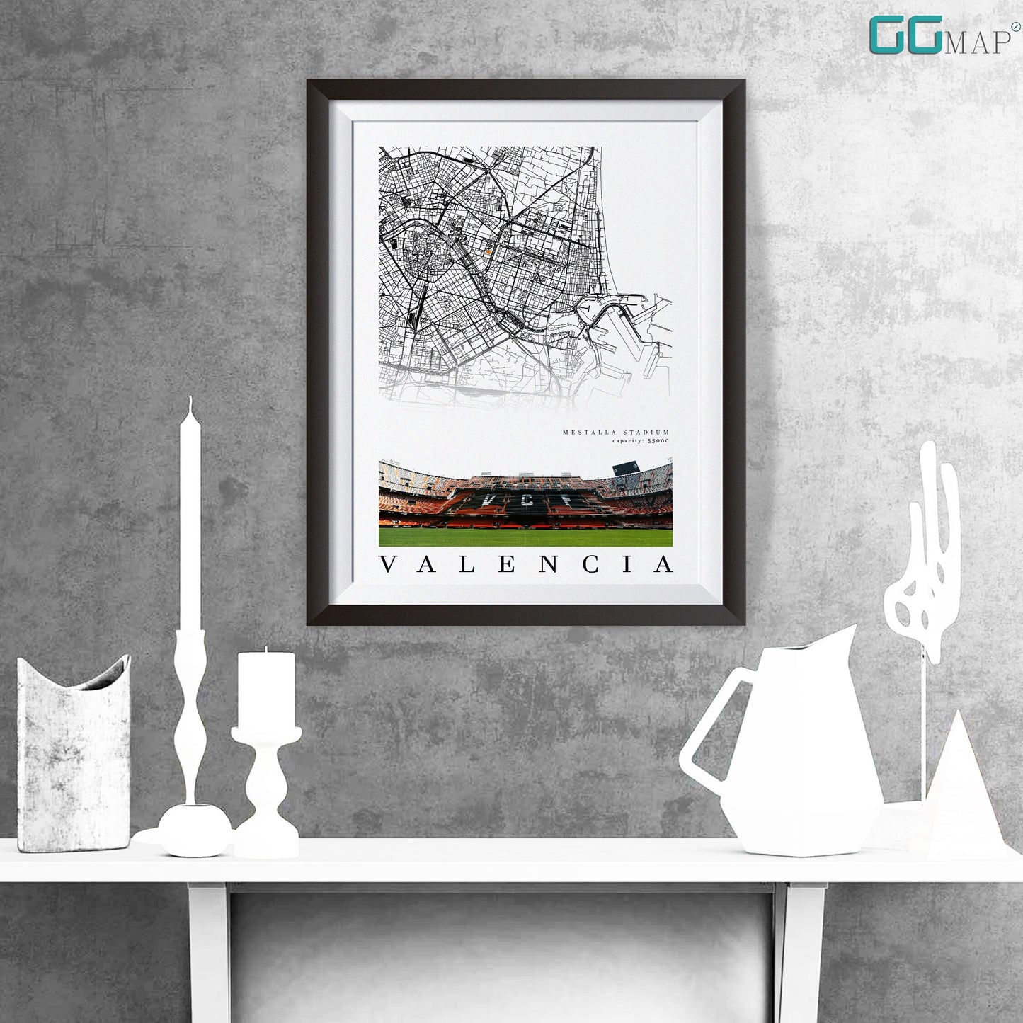 City map of VALENCIA - Mestalla Stadium - Home Decor Mestalla - Wall decor - Estadio Mestalla - Valencia gift - Print map - GG Map