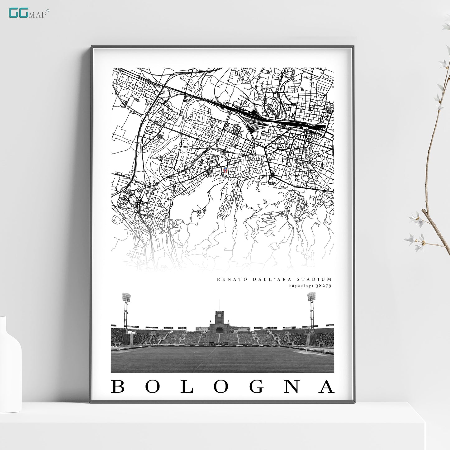 City map of Bologna - BOLOGNA FC - Renato Dall'Ara Stadium - Home Decor Bologna - Renato Dall'Ara Stadium gift - Bologna map -